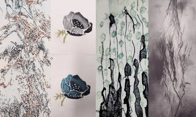 maj-udstilling i værkstedsgalleriet Foto: udsnit af original grafik af Ulla Nøhr, Anne Bonné, Randi Klementsen og Kristian Mainz